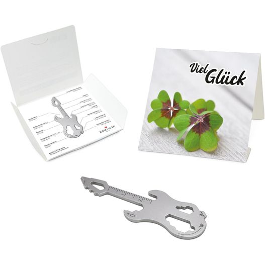 einen flaschenöffner und eine karte mit einem bild einer pflanze ROMINOX® Key Tool Guitar (19 Funktionen) Viel Glück (Bild 1)