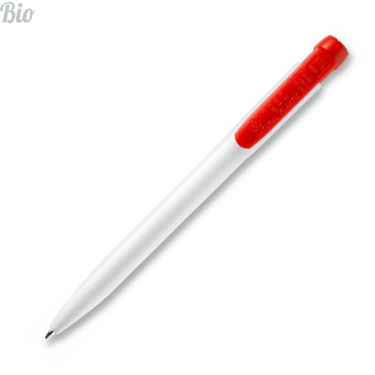 ein weißer stift mit roter spitze auf weißem hintergrund HK - INGEO PEN Kugelschreiber (Bild 1)