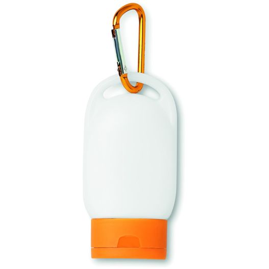 ein weißes und oranges licht mit einem karabiner Sonnencreme SUNCARE (Bild 1)