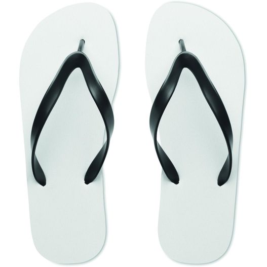 ein paar weiße flip-flops mit schwarzen riemen Sublimations-Zehensandalen DO MEL (Bild 1)
