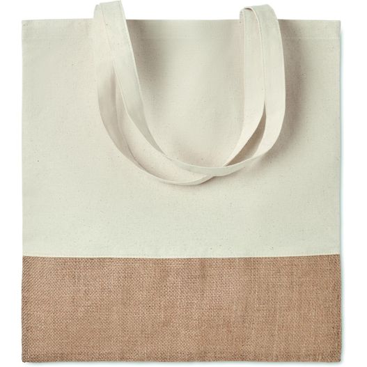 eine weiße und braune tasche mit einem braunen streifen Einkaufstasche mit Jutebesatz INDIA TOTE (Bild 1)