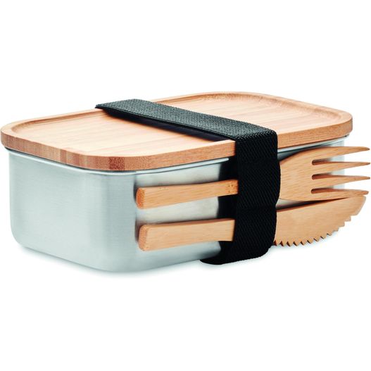 eine holzgabel und ein metallbehälter mit einem schwarzen riemen Lunchbox Edelstahl 600ml SAVANNA (Bild 1)