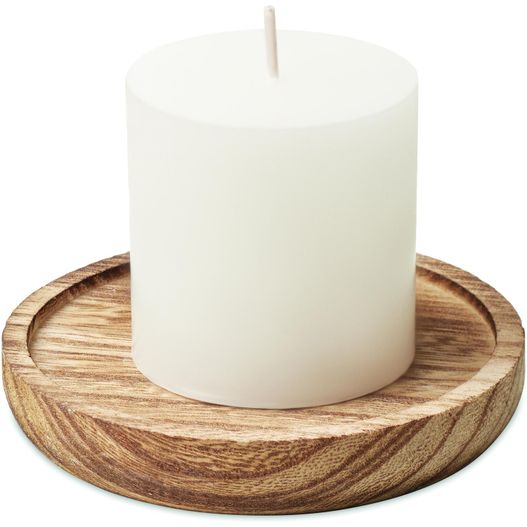 eine weiße kerze, die auf einer holzplatte sitzt Kerze mit Halter PENTAS (Bild 1)
