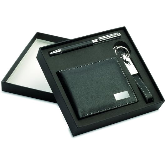 ein schwarzes leder geldbörse und schlüsselanhänger in einer box Set mit Geldbörse ELEGANCI (Bild 1)