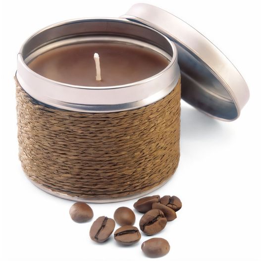 eine kerze mit kaffeebohnen auf weißem hintergrund Kerze mit Vanilleduft DELICIOUS (Bild 1)