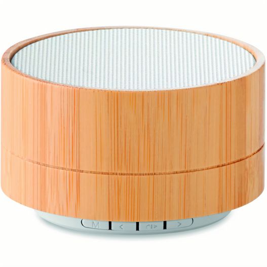 ein hölzerner lautsprecher mit weißem oberteil Runder wireless Lautsprecher SOUND BAMBOO (Bild 1)
