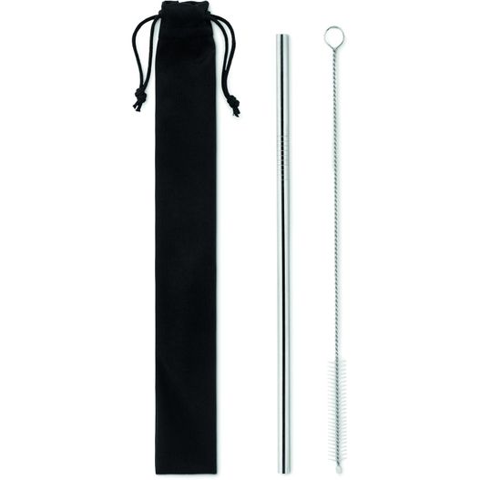 ein stroh und ein metall strohhalter mit einer schwarzen tasche Edelstahl Trinkhalme-Set COLD STRAW (Bild 1)