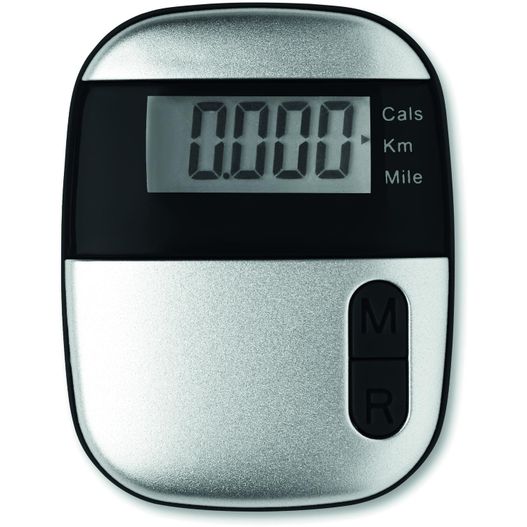 einen silbernen und schwarzen taschenrechner mit einer uhr vorne Pedometer ONMOOD (Bild 1)