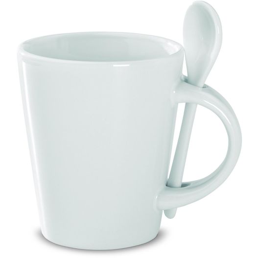 eine weiße kaffeetasse mit einem löffel darin Keramikbecher SUBLIMKONIK (Bild 1)