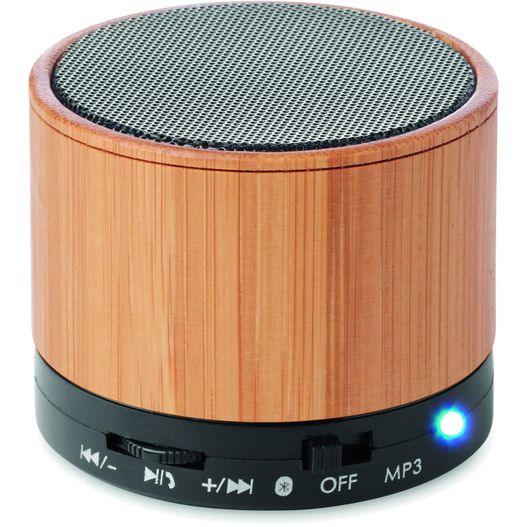 ein hölzerner lautsprecher mit blauem licht darauf Runder wireless Lautsprecher ROUND BAMBOO (Bild 1)