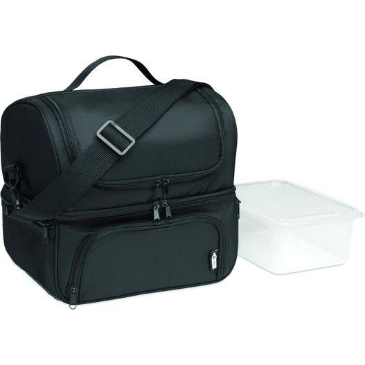eine schwarze lunchtasche mit einem klaren behälter Lunch-/ Kühltasche 600D RPET ICEBERG (Bild 1)