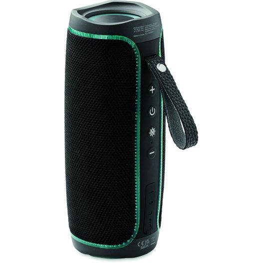 ein schwarzer und grüner tragbarer lautsprecher mit einem lederarmband Wireless Lautsprecher IPX4 DIMA (Bild 1)
