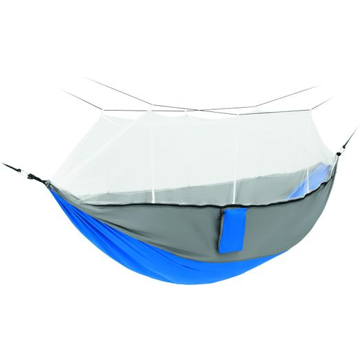 eine hängematte mit einem blauen und weißen deckel Hängematte mit Moskitonetz JUNGLE PLUS (Bild 1)