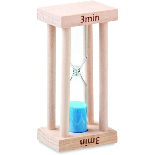 ein hölzernes stundenglas mit blauem sand innen Sanduhr 3 min CI (Bild 1)