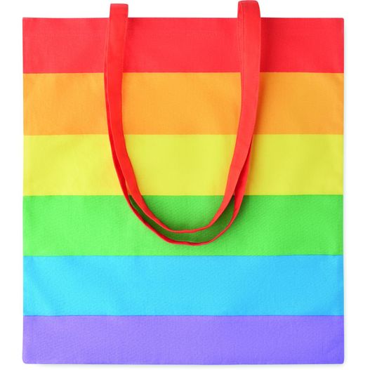 eine regenbogen farbige tasche mit einem roten griff Einkaufstasche 200 g/m² BOREALIS (Bild 1)