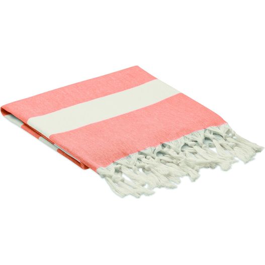 ein rosa und weiß gestreiftes handtuch auf weißem hintergrund Strandtuch 140 g/m² AGOURA (Bild 1)