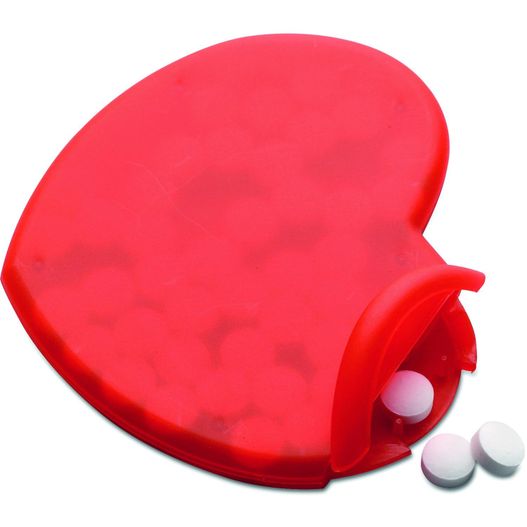 ein rotes herzförmiges pillen-gehäuse mit pillen, die aus ihm spilling Pfefferminzspender Herz CORAMINT (Bild 1)
