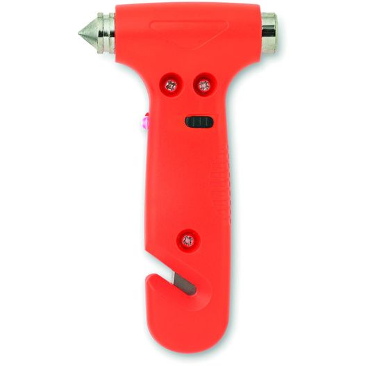 ein rotes kunststoffwerkzeug mit einem metallgriff 3 in 1 Notfall-Hammer RESQ (Bild 1)