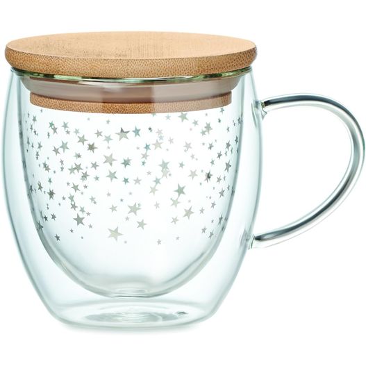 ein glasbecher mit einem holzdeckel und einem star-print-design Becher Borosilikatglas Stern SION (Bild 1)