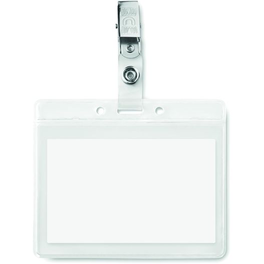 ein weißer name abzeichen mit einem clip an ihm befestigt Transparente Kartenhülle CLIPBADGE (Bild 1)