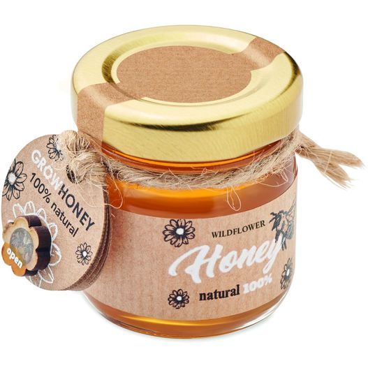 ein glas honig mit einem tag darauf Wildblumenhonig 50 g Glas BUMLE (Bild 1)