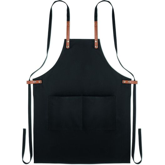 eine schwarze schürze mit einem braunen lederarmband Küchenschürze Organic Cotton NAGPUR COLOUR (Bild 1)