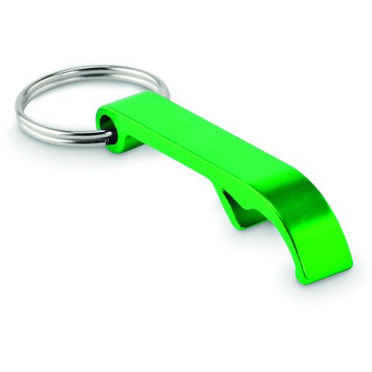 ein grüner metallflaschenöffner auf weißem hintergrund Schlüsselring mit Kapselheber OVIKEY (Bild 1)
