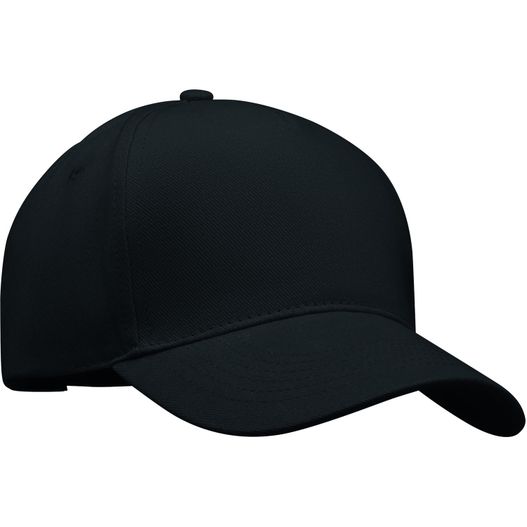 eine schwarze baseballkappe mit einem weißen logo auf der vorderseite BASEBALL CAP 5 PANELS 260G/M² LONG BEACH SINGA (Bild 1)