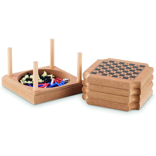 eine holzkiste mit einem checkerbrett darin Untersetzer-Set mit Spielen COASTGAME (Bild 1)