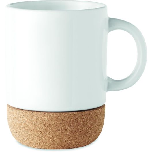 eine weiße kaffeetasse mit einem korkuntersetzer darauf Keramikbecher Subli mit Kork SUBCORK (Bild 1)