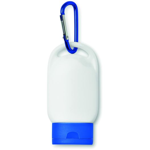 ein blauer karabiner, der an einem weißen behälter hängt Sonnencreme SUNCARE (Bild 1)