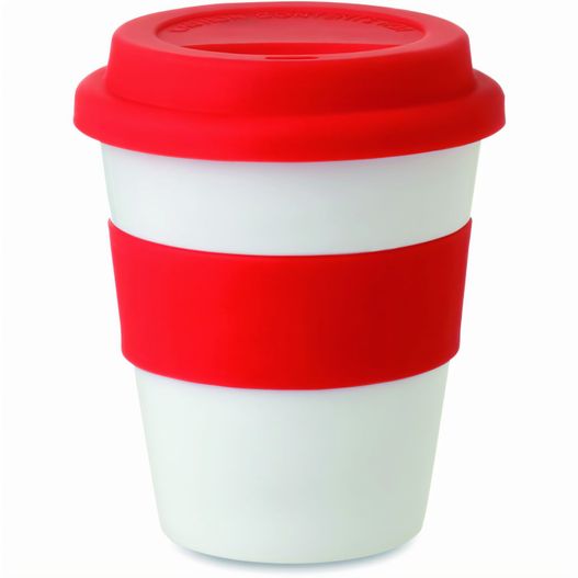 eine rote und weiße tasse mit rotem deckel PP Becher mit Silikon-Deckel ASTORIA (Bild 1)