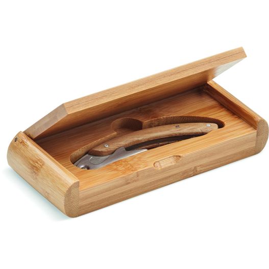 eine holzkiste mit einem messer und einem löffel innen Kellnermesser Bambus SONO (Bild 1)