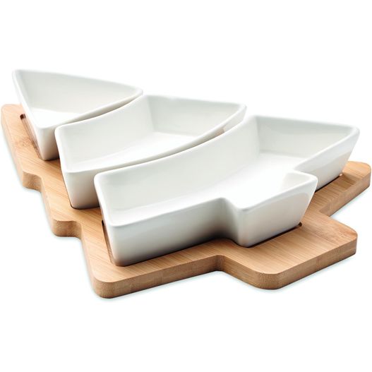 ein set von drei weißen gerichten auf einem holzboden Tablett mit Schalen VIRAM (Bild 1)