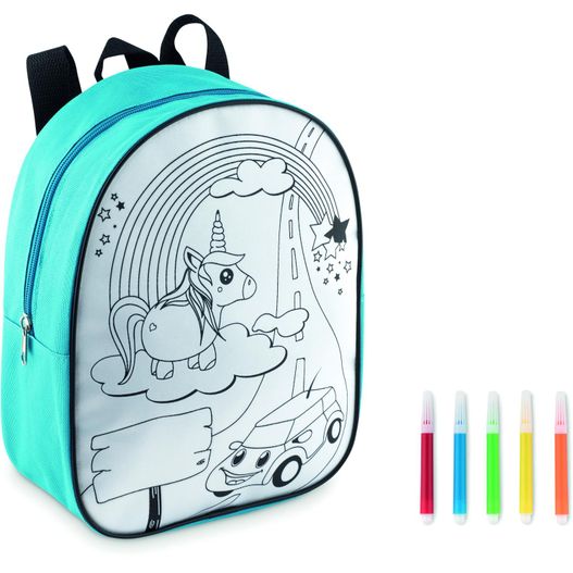 einen rucksack mit einer zeichnung eines einhorns und eines regenbogens Rucksack mit 5 Filzstiften BACKSKETCHY (Bild 1)