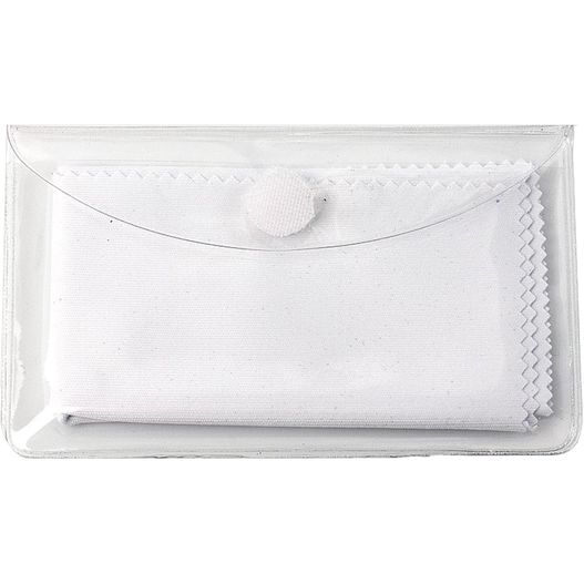 eine weiße handtasche mit einem kleinen weißen knopf Brillenputztuch rPET - Mikrofasertuch 20 x 20 cm, in Schutzetui mit Klettpunkt (Bild 1)