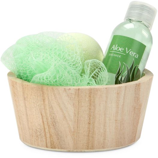 eine holzschale mit einer flasche seife und einem schwamm Wellness-Geschenkset: Green in Balance (Bild 1)