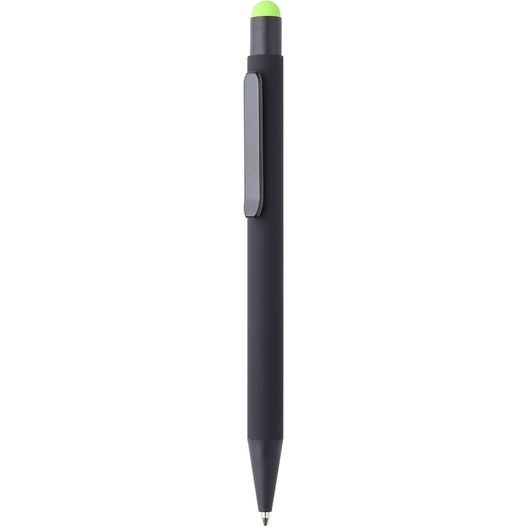 ein stift mit einer grünen spitze auf einem weißen hintergrund Druckkugelschreiber FLORES Soft & Touch Black (Bild 1)