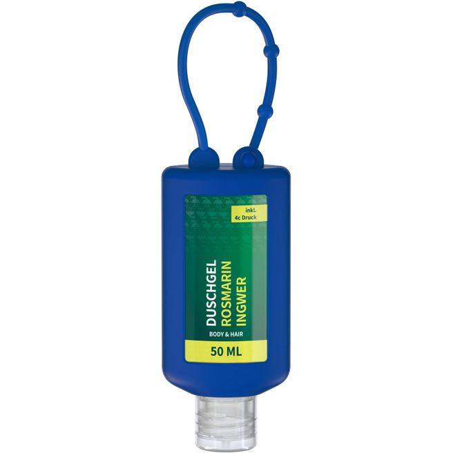 Duschgel Rosmarin-Ingwer, 50 ml Bumper blau, Body Label (R-PET)