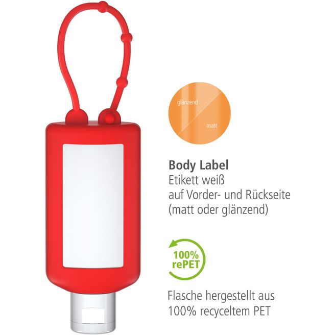 Produktabbildung Sonnenmilch LSF 50 (sens.), 50 ml Bumper (rot), Body Label (R-PET) Sonnenmilch LSF 50 (sens.), 50 ml Bumper (rot), Body Label (R-PET)
