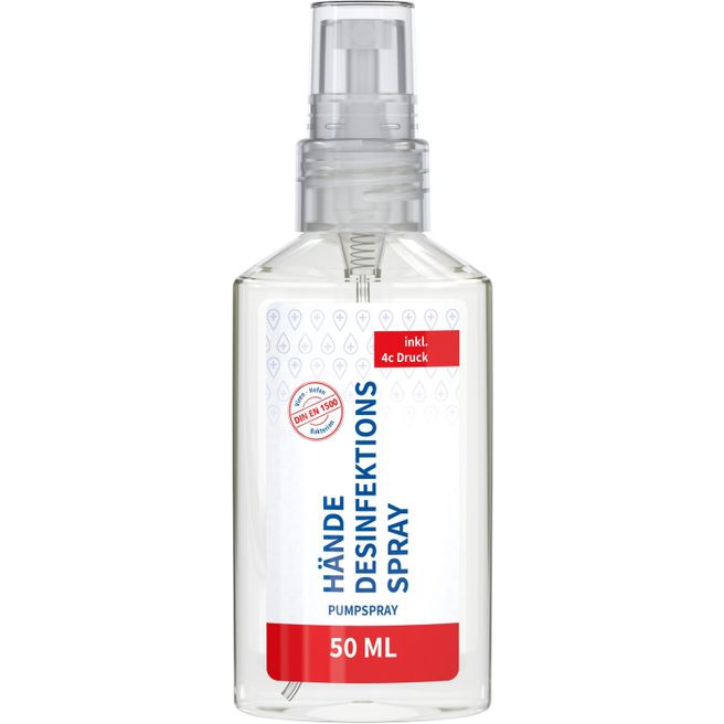 Produktabbildung Hände-Desinfektionsspray (DIN EN 1500), 50 ml, Body Label (R-PET) Hände-Desinfektionsspray (DIN EN 1500), 50 ml, Body Label (R-PET)