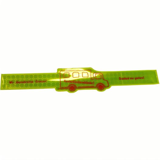ein grüner kunststoff herrscher mit einem roten und gelben bus darauf Klackarmband 'Kontur' 31 x 250 mm (Bild 1)