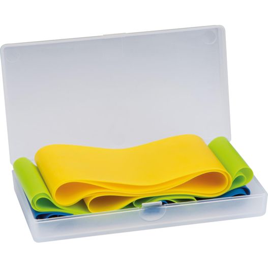 eine plastikbox mit einem stapel gelber und grüner filze Elastische Fitnessbänder Rosario (Bild 1)