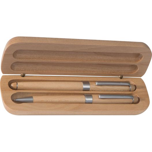ein hölzernes gehäuse mit drei stiften darin Holz Schreibset Rambin (Bild 1)