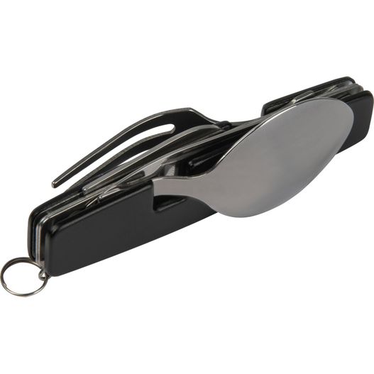 ein schwarzes und silbernes taschenmesser mit schlüsselanhänger Campingbesteck Pamplona (Bild 1)