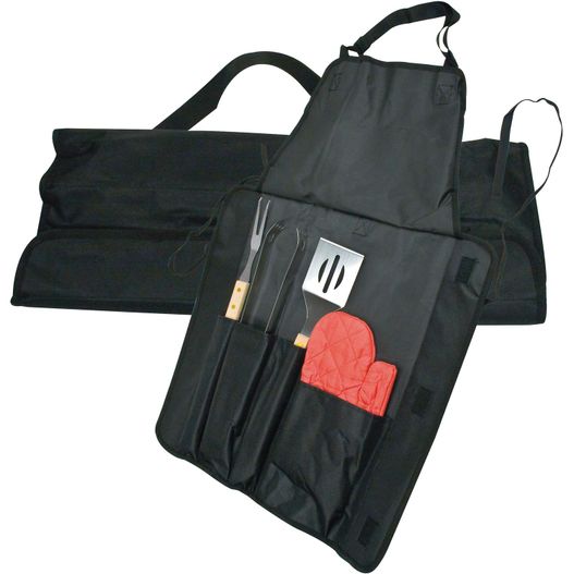 eine schwarze schürze mit einem roten handschuh und einem messer Grillschürze Aurora (Bild 1)