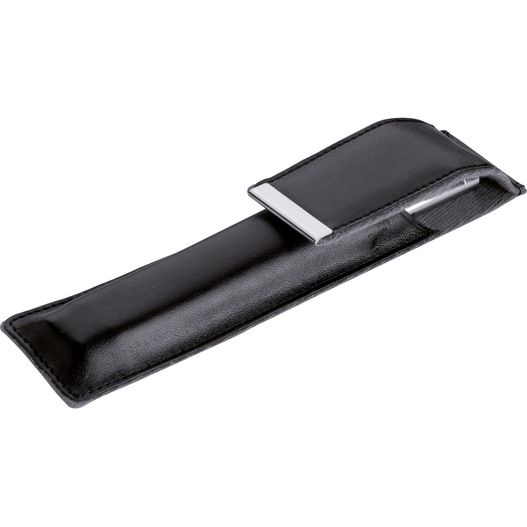 ein schwarzes lederetui mit metallclip Metall Schreibset Mayfield (Bild 1)