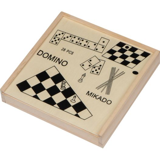 eine holzbox mit einem dominobrett und einem checkerboard Holzspielesammlung Riga (Bild 1)