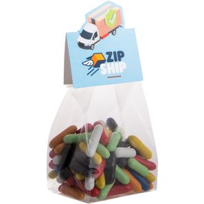 Blockbeutel mit Headerkarte in Ihrer eigenen Form und 100 Gramm Süßigkeiten