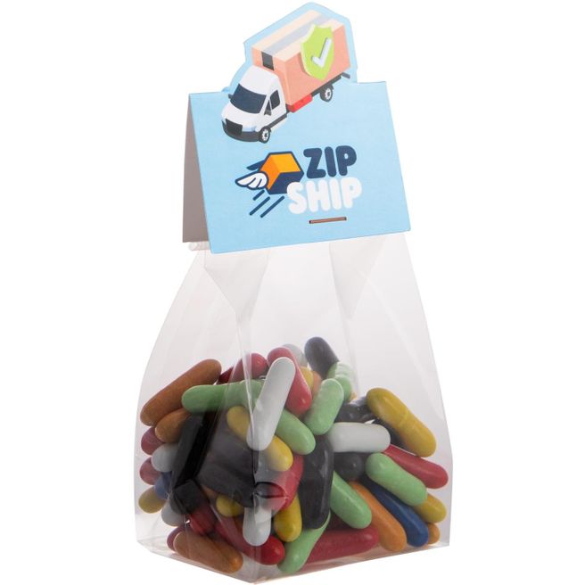 Blockbeutel mit Headerkarte in Ihrer eigenen Form und 100 Gramm Süßigkeiten